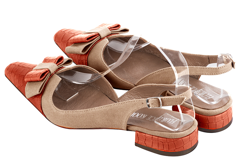 Terracotta orange and tan beige women's open back shoes, with a knot. Tapered toe. Flat block heels. Rear view - Florence KOOIJMAN